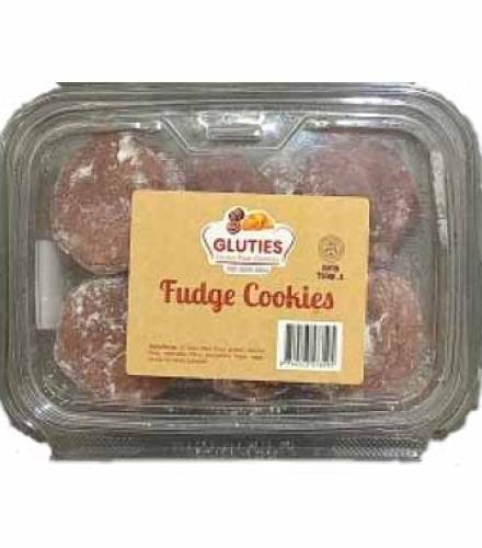 Gluties brand fudge cookies chocolate crinkle cookie with a powdered sugar coating