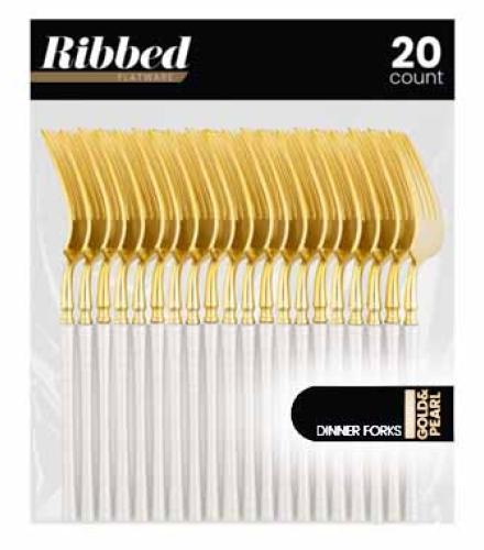 FORKS - Ribbed Dinner Forks Pearl/Gold (20 Count) K/P