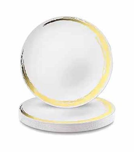 Plates - Decorline White & Gold Round Dinner Plastic Plates Set - 10.25