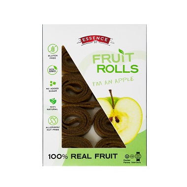 Essence Fruit Rolls, a natural fruit snack packaged as apple-flavored strips